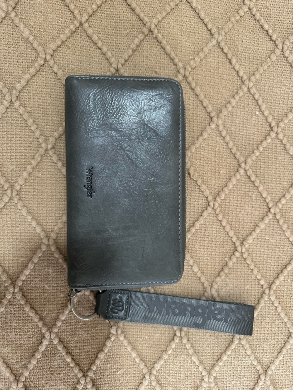 Wrangler Dark Gray Leather Zip Wallet with Wrist Strap